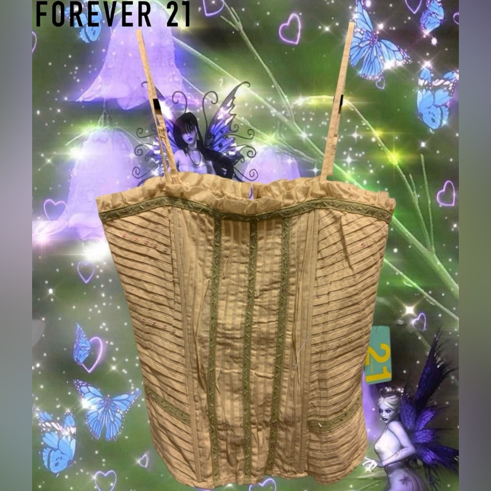 VTG NWT FOREVER 21 Deadstock Taupe/Cream Woven Corset Top Size M Fairycore Y2K